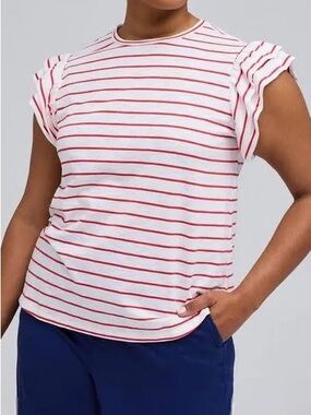 Torrid Belle isle Striped Ruffle Sleeve Tee - White with Red Stripes